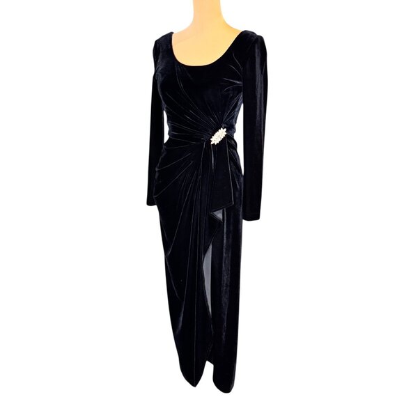 Vintage 90s Gothic Black Velvet Midi Dress Sz 6 Ruching Brooch Event Formal - Picture 2 of 13